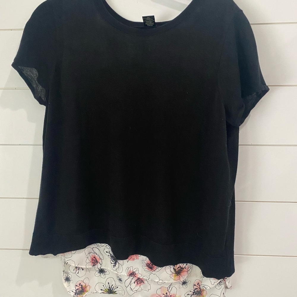 Ann Taylor Black Top with Floral Hem